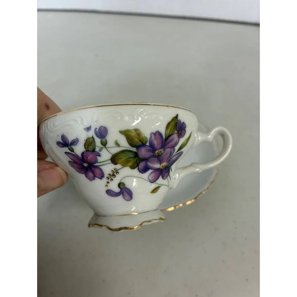 Vintage Made in Japan Purple Violet Floral Porcelain Tea Cup and Saucer Set Gold